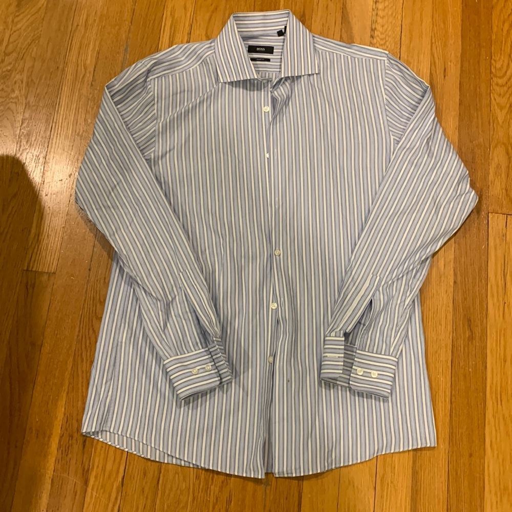 Hugo Boss Men's Blue + White Stripped Cotton Dress Shirt, Size 34/35,16 1/2